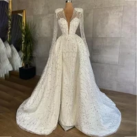 luxury mermaid wedding dresses with detachable train lace beading trumpet bridal gowns long sleeves custom made robe de soir%c3%a9e