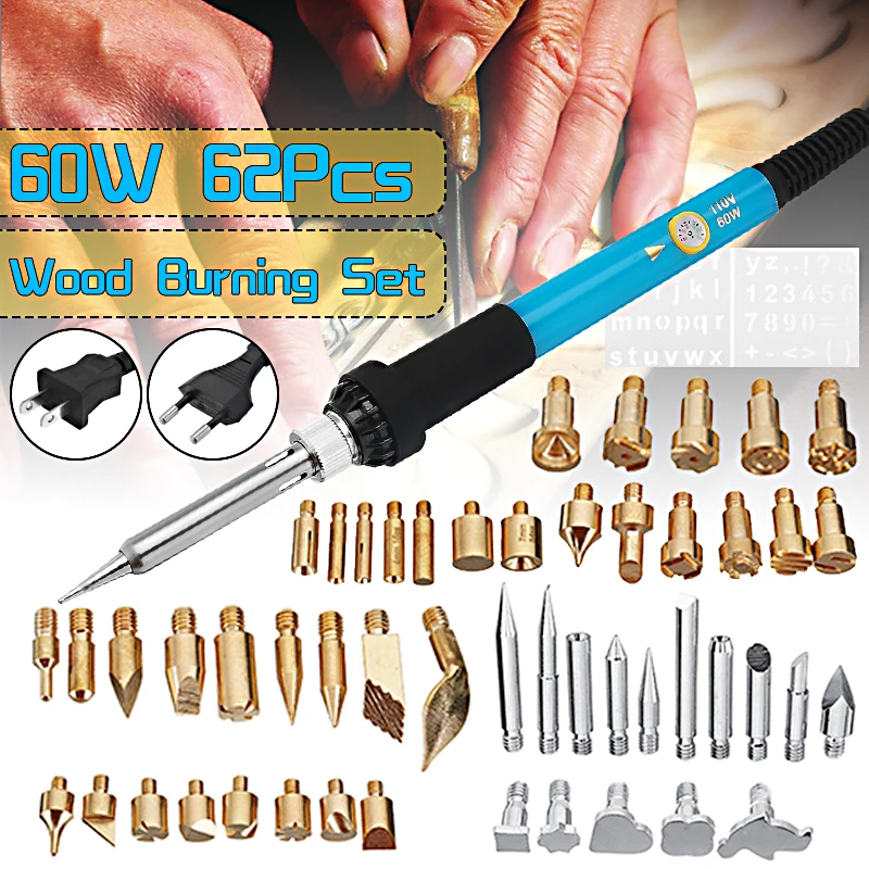 

62Pcs 60W Electric Soldering Iron Wood Burning Pen Tip Kit Pyrography Craft Tool for Woodworking Soldering Metal Tool Part