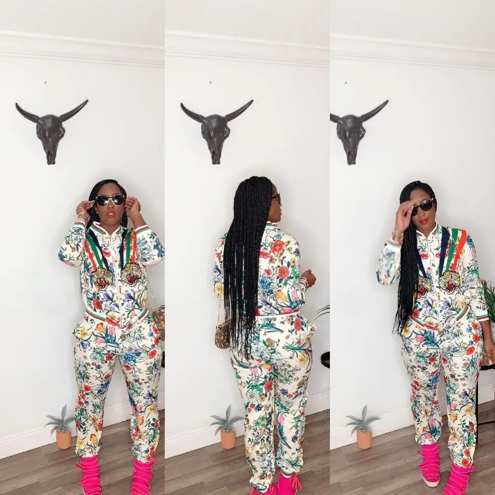Casual print lady set zipper full sleeve coat and long pants two piece autumn clothing casual outfit DMN039 | Женская одежда