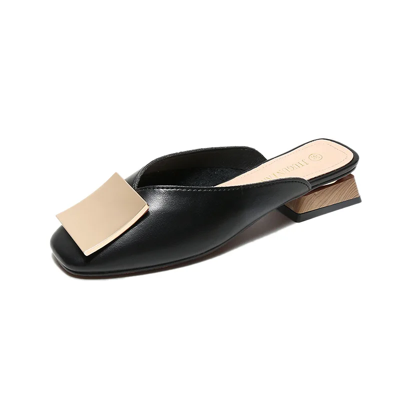 

Designer Women Mules Pumps Trend Square Buckle Wooden Block Elegant Office Party Ladies Casual Shoes Summer Women Slippers