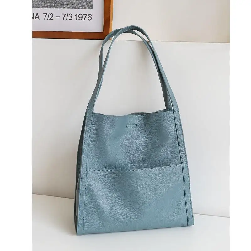 

Luxury Genuine Leather Women Shoulder Bag Large Female Bucket Tote Bag Solid Casual Nature Cowhide Leather Lady Commute Handbag