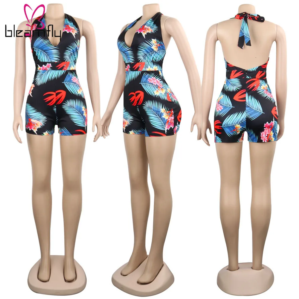 Sexy Short Playsuit Boho Printed Beach Jumpsuit Rompers Women Summer V-Neck Backless Body Mujer Elegant Vintage Overalls 2019 |
