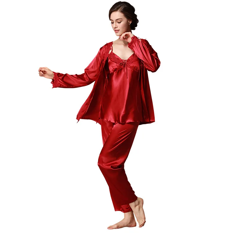 

Silk Ice Silk Pajamas Women Spring Autumn Long-sleeved Trousers Three-piece Plus Size Home Clothing