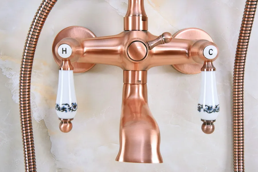 Античный красный медный смеситель для ванной комнаты настенный набор ручной