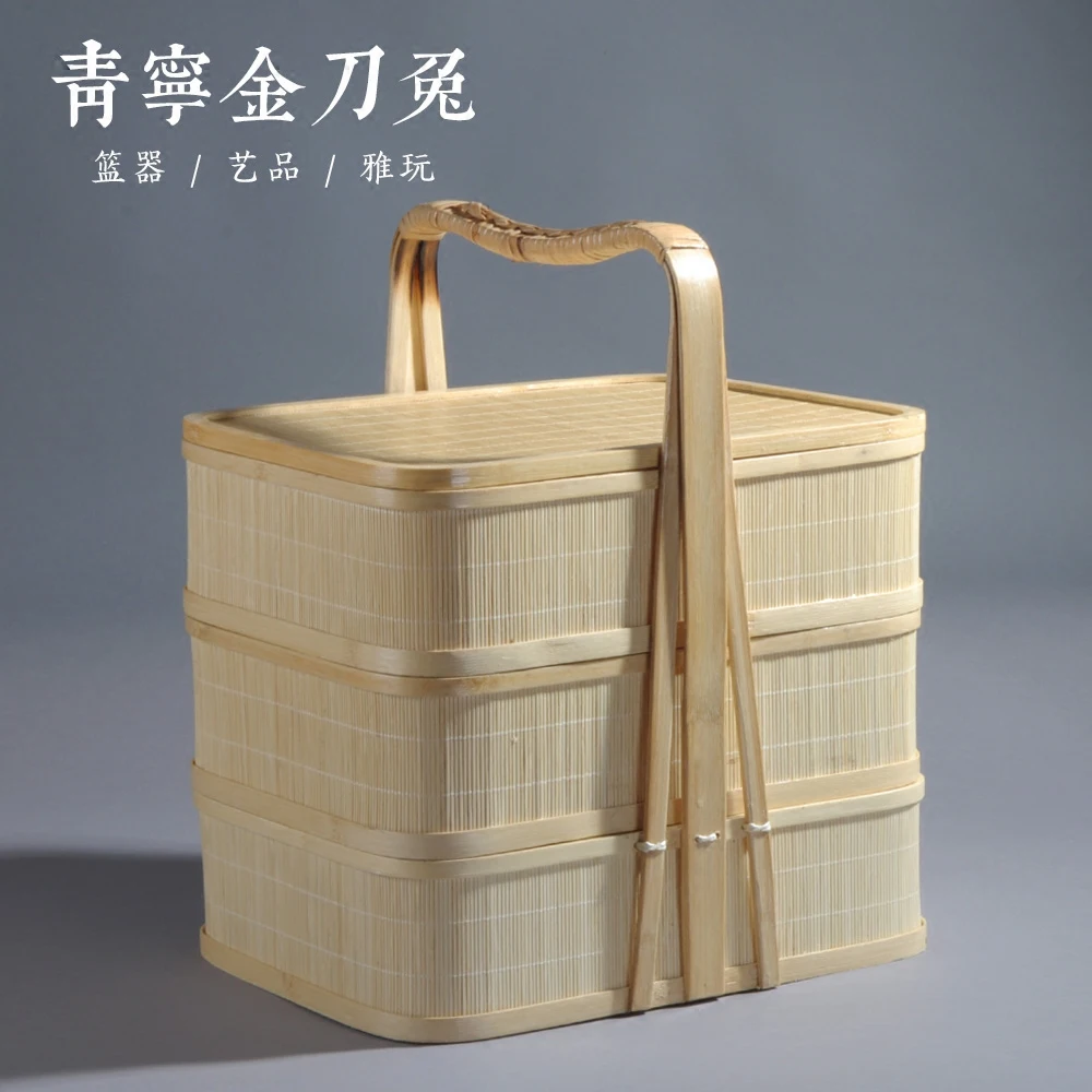 

Hand-woven three-layer bamboo basket bamboo picnic basket by week with mobile baskets take-out hotel delivery basket bamboo bask