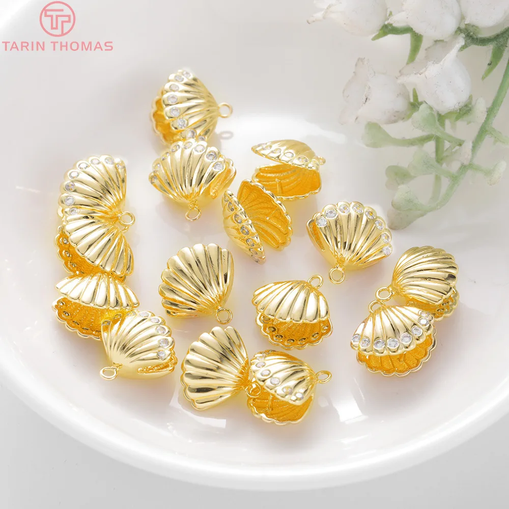 

Латунные подвески в виде ракушек с цирконом, отверстие 1 мм, 24 К, 4 шт.