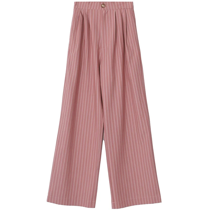 

[EAM] Blue Striped Mid Waist Trousers New Loose Fit Wide Leg Full Length Pants Women Fashion Tide Spring Summer 2021 1DD8009