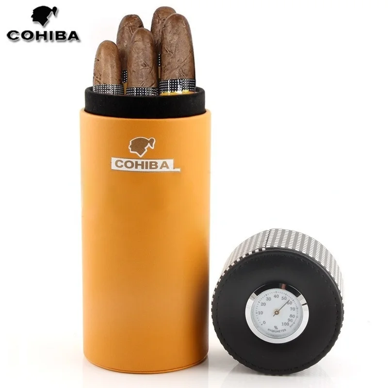 

COHIBA Leather Travel Humidor Cigar Box Cedar Wood Portable Cigar Case Jar Humidifier Hygrometer Humidor Box Fit 5 Cigars