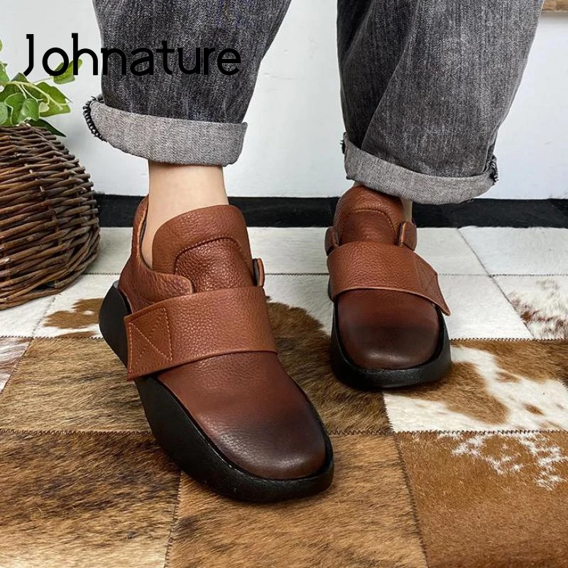 

Johnature Autumn Winter Pumps Women Shoes Genuine Leather Round Toe 2021 New Retro Sewing Casual Handmade Concise Ladies Shoes