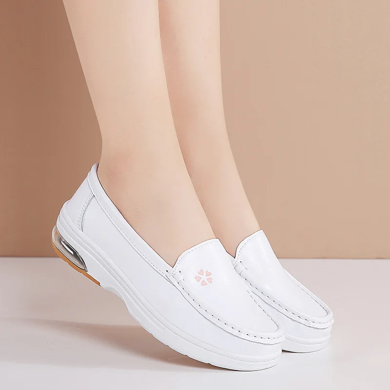 Real Leather New Nurse Shoes White Women Work Wedge Flats Attendance Doctor Comfortable Soft Cushion Anti-Slip Hospital Standing