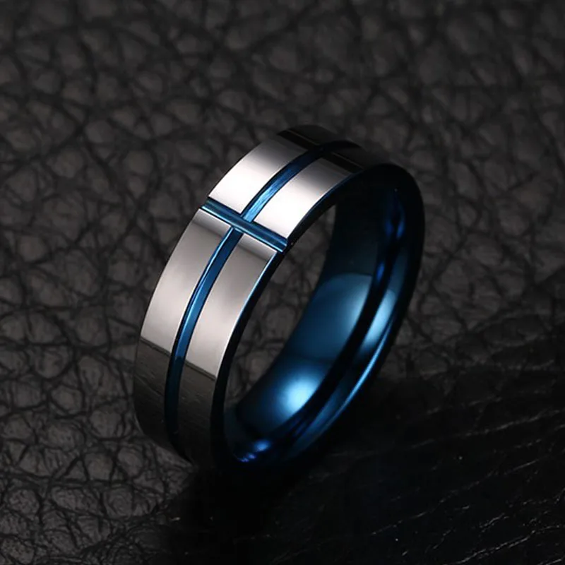 6MM Tungsten Carbide Ring for Men Blue Cross Line Groove Wedding Band High Polished Size 7-12