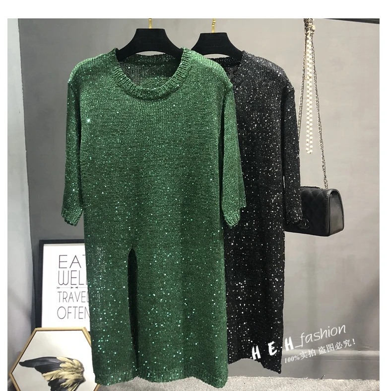 Cakucool Новые блестящие вязаные свитера платье Весна Круглая горловина половина
