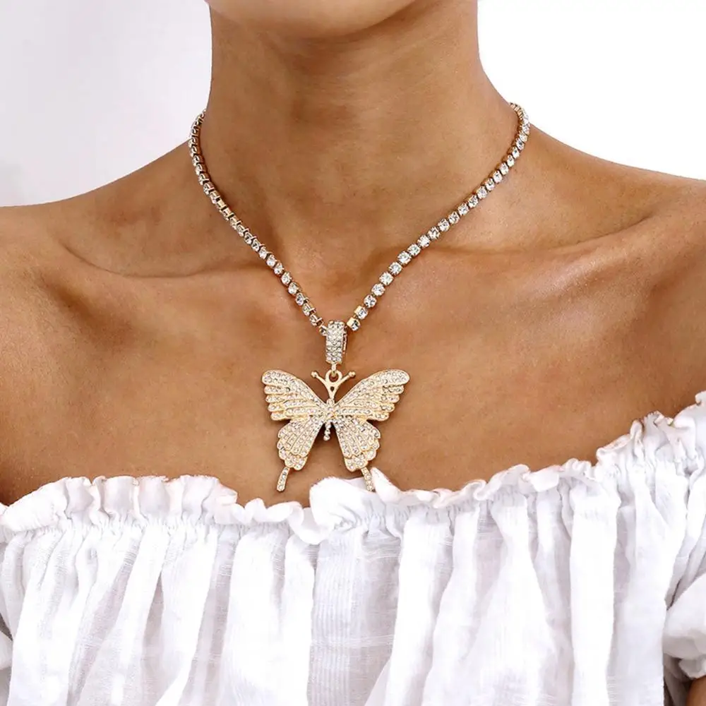 

Women Rhinestone Inlaid Butterfly Pendant Chain Necklace Party Jewelry Gift