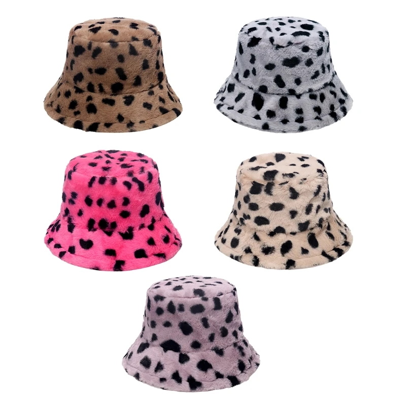 

L5YA Vintage Leopard Print Plush Hat Soft Casual Earprotect Fisherman Fall Winter