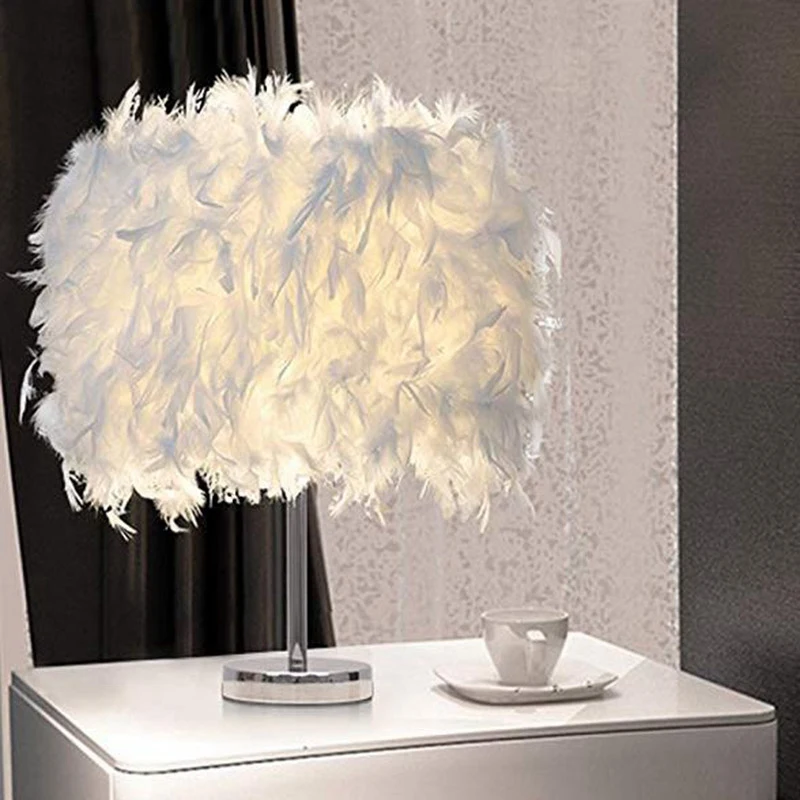 

Feather Shade Metal Table Lamp Bedside Desk Vintage Night Light Christmas Decor Soft Vintage Bedroom Study Room Eu Plug Modern C