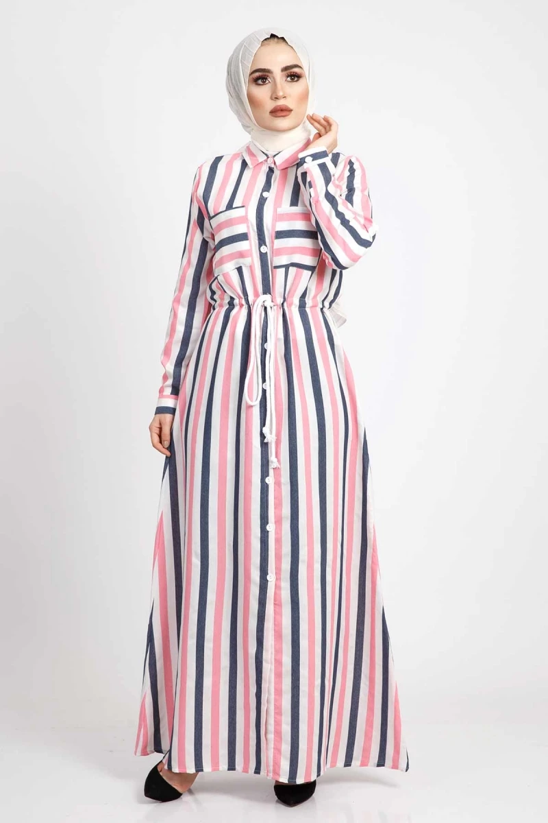 Разноцветное льняное платье в полоску TSD168 розовый|Женские платья| |