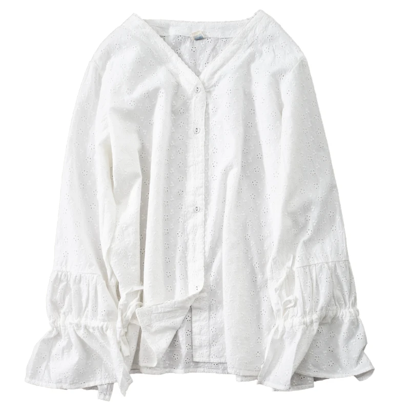 

Lamtrip Unique V-neck Hook Hollow Out Embroidered Solid Cotton Long Sleeve Shirt Sweet Top