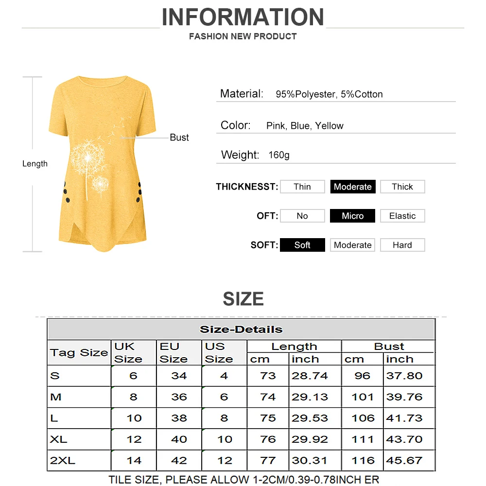 

Dandelion Print Tshirt Women Tops Casual Round Neck Ladies T-Shirt Summer Loose Short Sleeve Women Irregular Hem Clothing D30