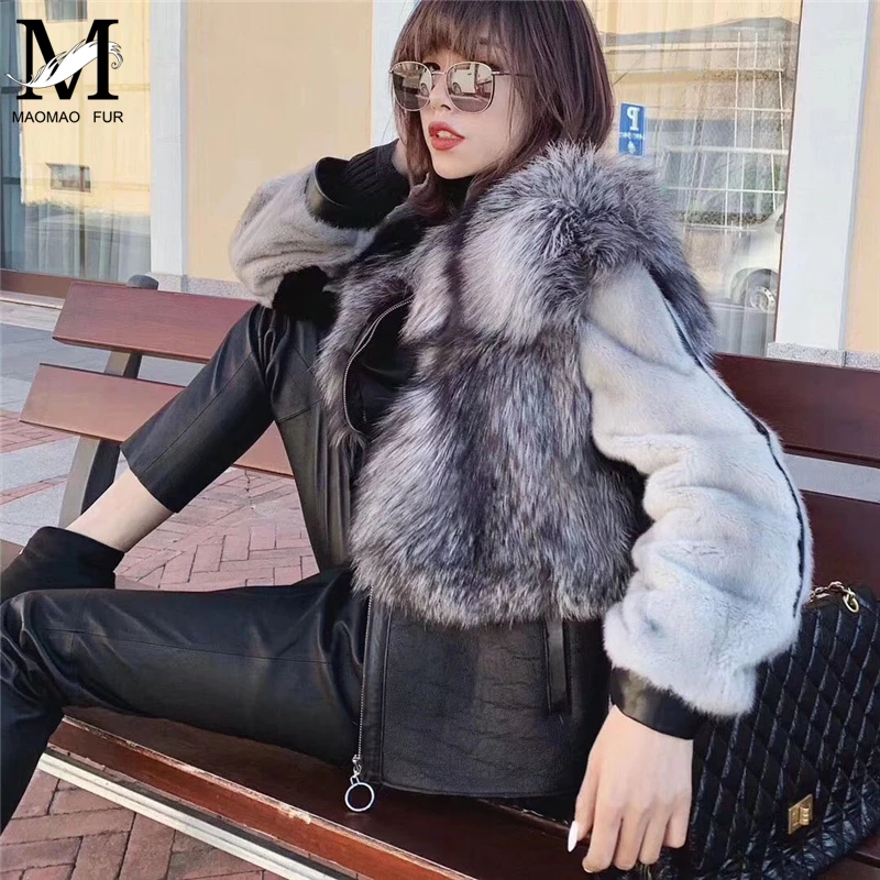 100% Real Fur Coat Women's High Quality Natural Fox Leather Jacket Luxury Whole Skin Mink Sleeve Silver | Женская одежда