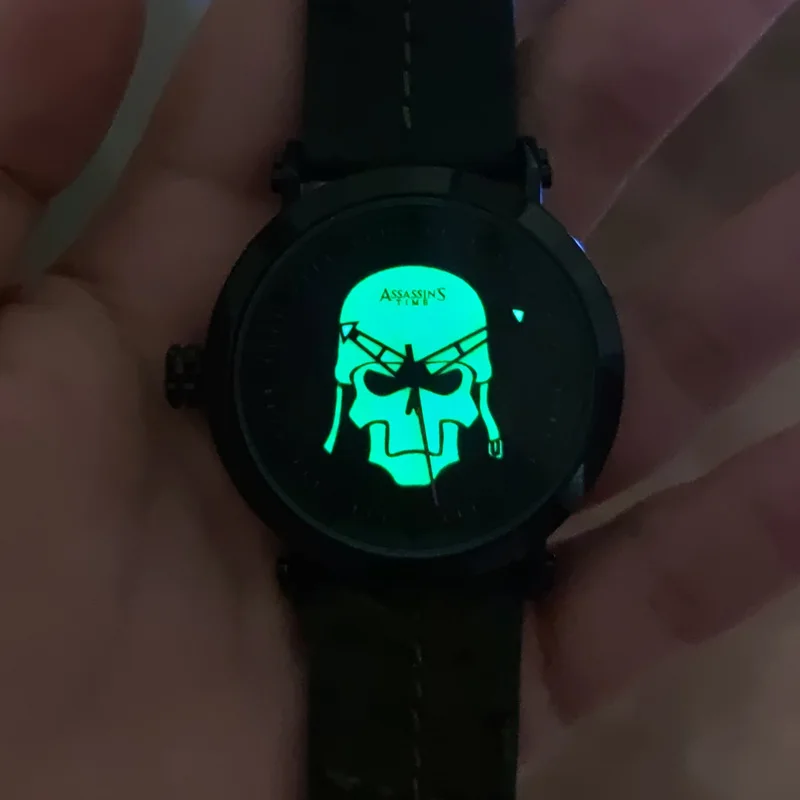 

Assassin's Time Men's Watch Luminous Skull Japan Quartz Fashion Hours Retro Punk Genuine Leather Boy's Birthday Gift No Box