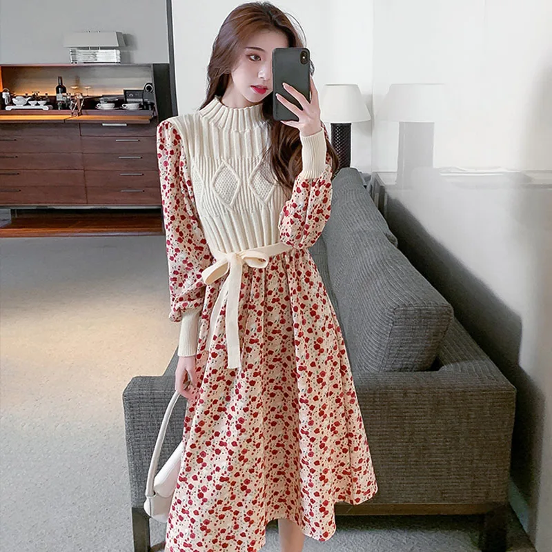 

One-Piece Korean Gentle New Chic Stitching Floral Knitted Sweater Dress Autumn Winter Retro Ladies Dress Midi Base Casual Dress