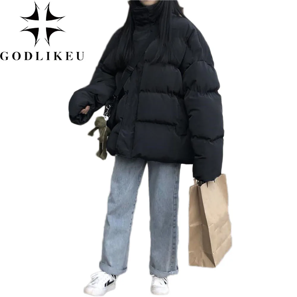 

Корейский стиль, женское пальто GODLIKEU, свободная повседневная Осенняя пуховая куртка, модная зимняя плотная теплая Женская одежда, то женско...