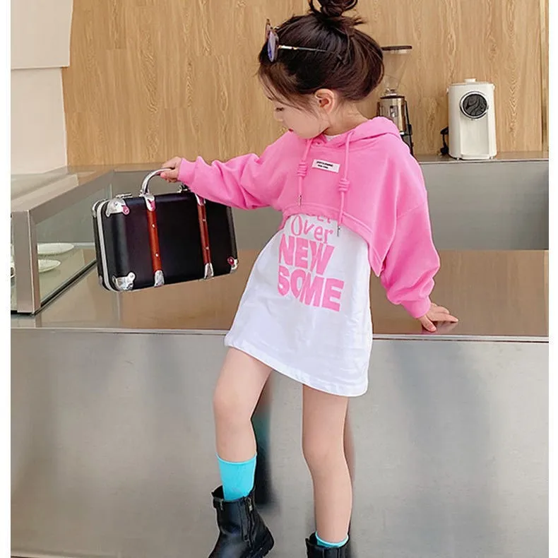 

fashion girls full sleeve letter knee-length dresses solid hooded tops T-shirts toddler kids baby clothes sets 2pcs