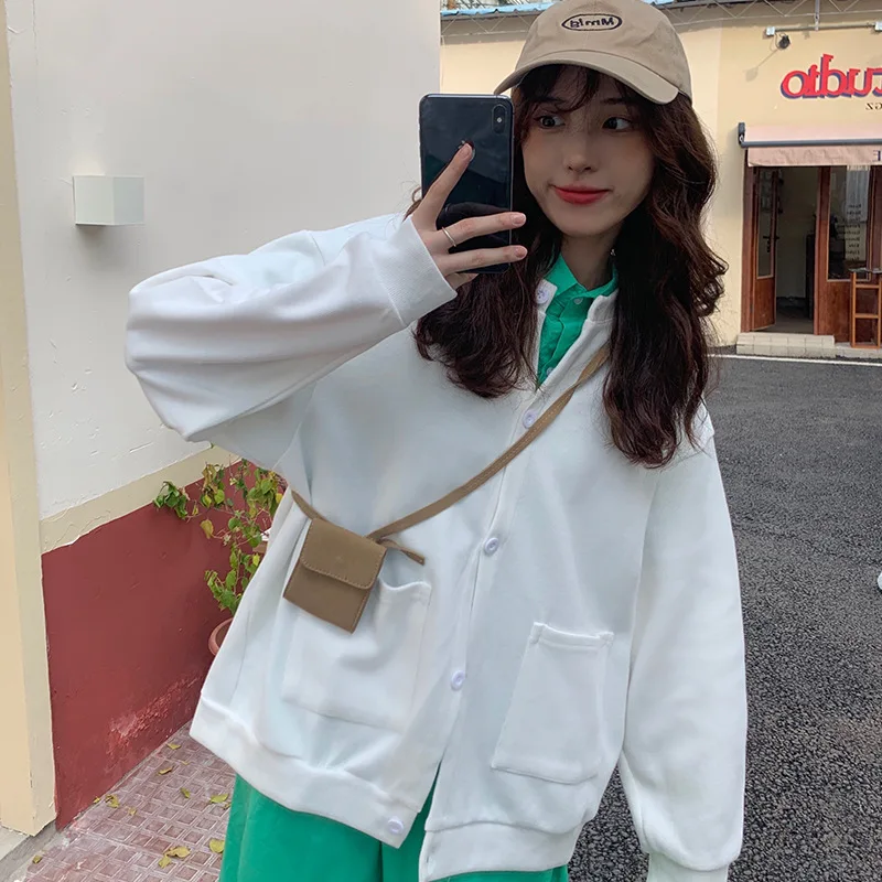 Женские корейские свободные свитшоты с карманами осенние женские пальто на