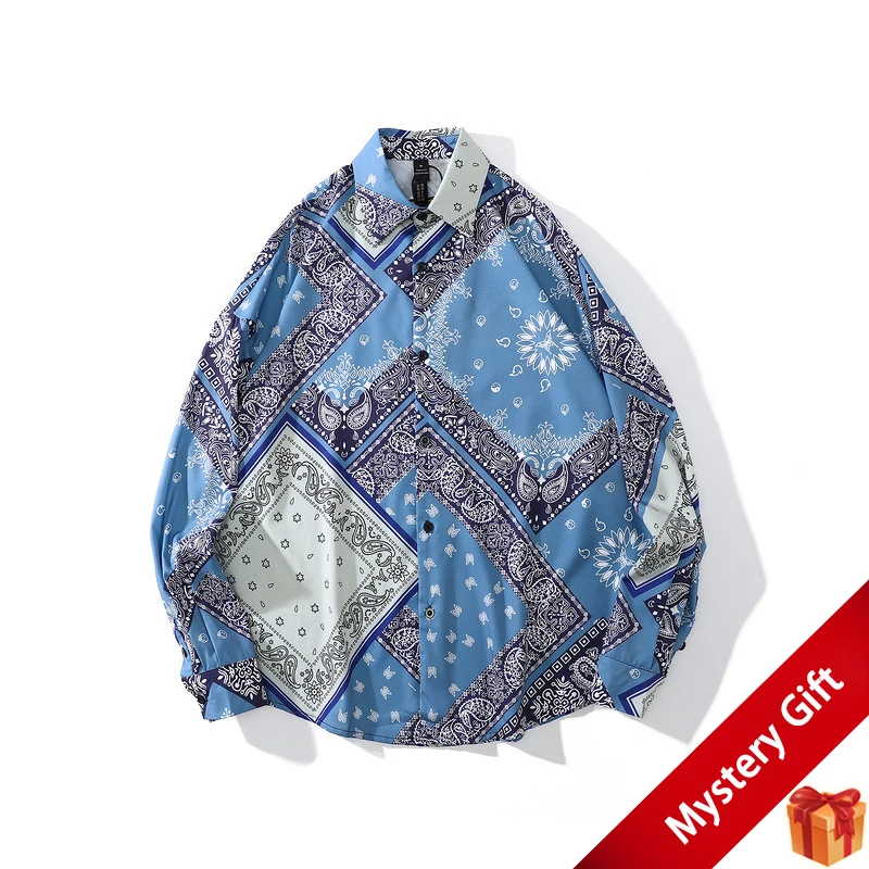 

Рубашка в стиле ретро для мужчин, уличная куртка с длинным рукавом и принтом, на пуговицах, модная брендовая свободная повседневная одежда в...