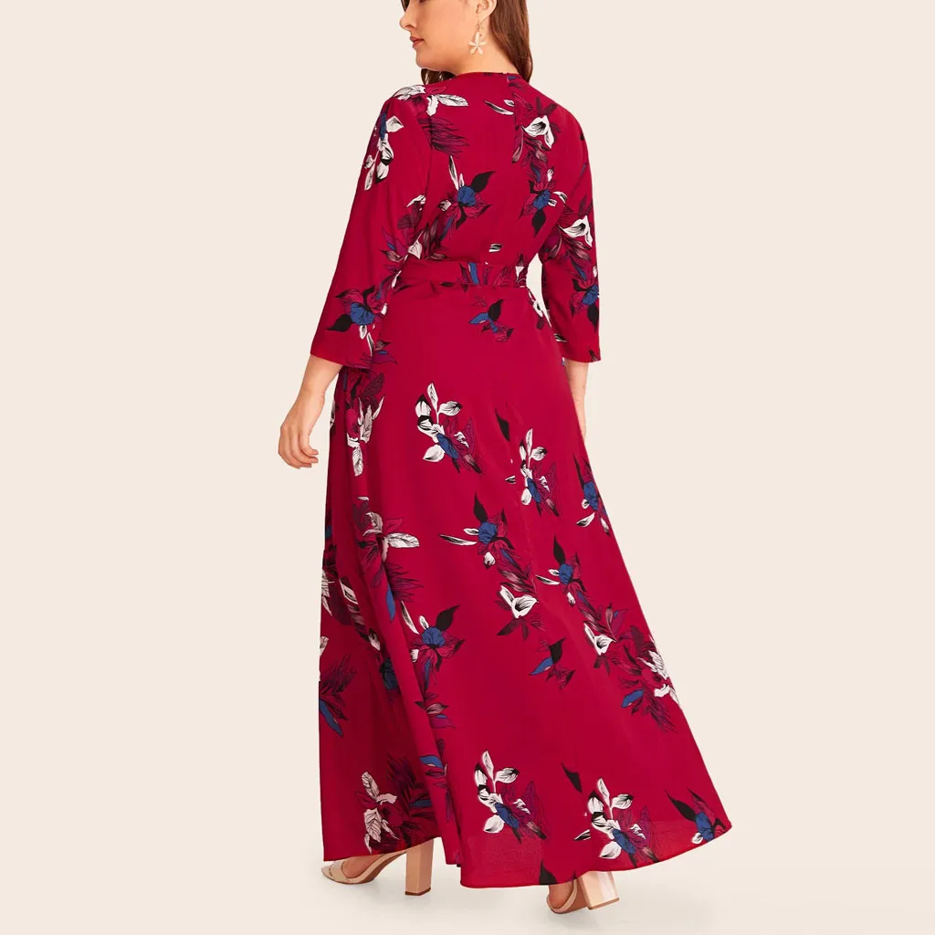 MISSOMO Plus Size 5XL dress Women maxi dress Casual Floral Print O-Neck Long Sleeve Bandage long Dress with belt vestidos 813