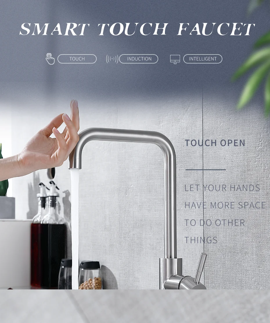 Fapully Stainless Steel Touch Control Kitchen Faucets Nickel Smart Sensor Kitchen Mixer Touch Faucet for Kitchen Sink Taps 1128