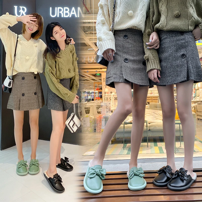 

Женские плюшевые шлепанцы, мягкие и удобные домашние тапочки из искусственной кожи на плоской подошве с бантом, Осень-зима 2021