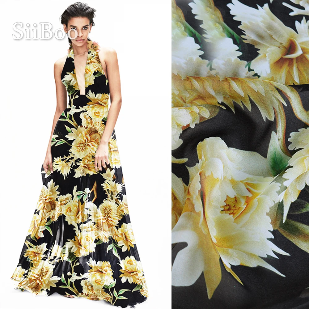 Шифоновая ткань с принтом американских пионов и роз 8 мм 100% натуральный шелк для