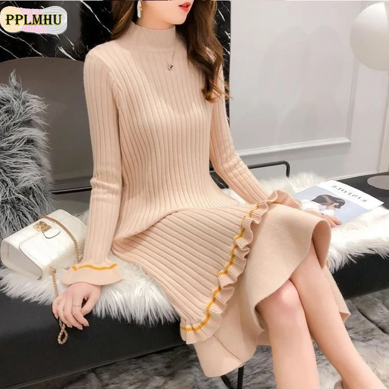 Женский свитер пуловер вязаное платье-свитер с расклешенными рукавами