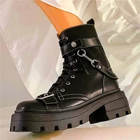 motorcycle women cow leather round toe ankle boots chunky buckle lace up military riding punk goth oxfords 34 35 36 37 38 39