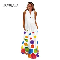 movokaka spring summer long dress women party elegant v neck sleeveless white printed dresses casual beach holiday female dress
