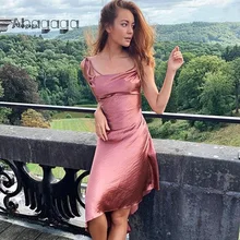 Ahagaga sexy vestido feminino clubwear swinging collar bandagem sem costas sólidos vestidos de cetim feminino casual fino elegante feminino (2)