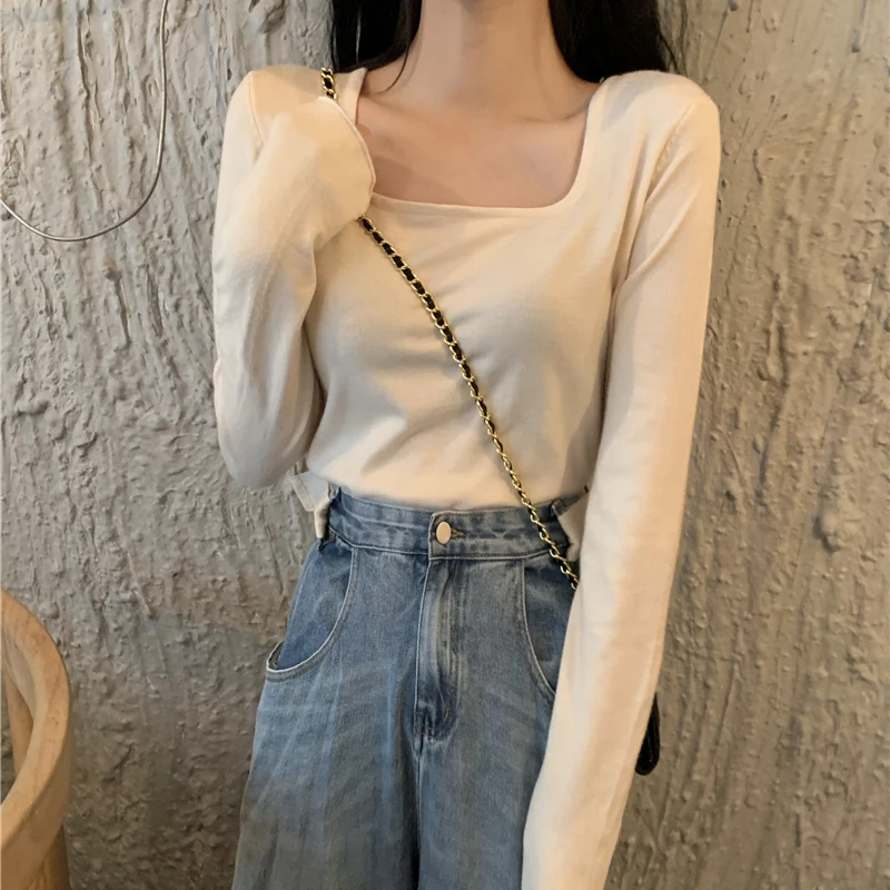 

Lucyever Women Square Neck Sweater Pullover Solid Color Slim Long Sleeve Knitted Shirts Female 2021 New Casual Jumpers Top Woman