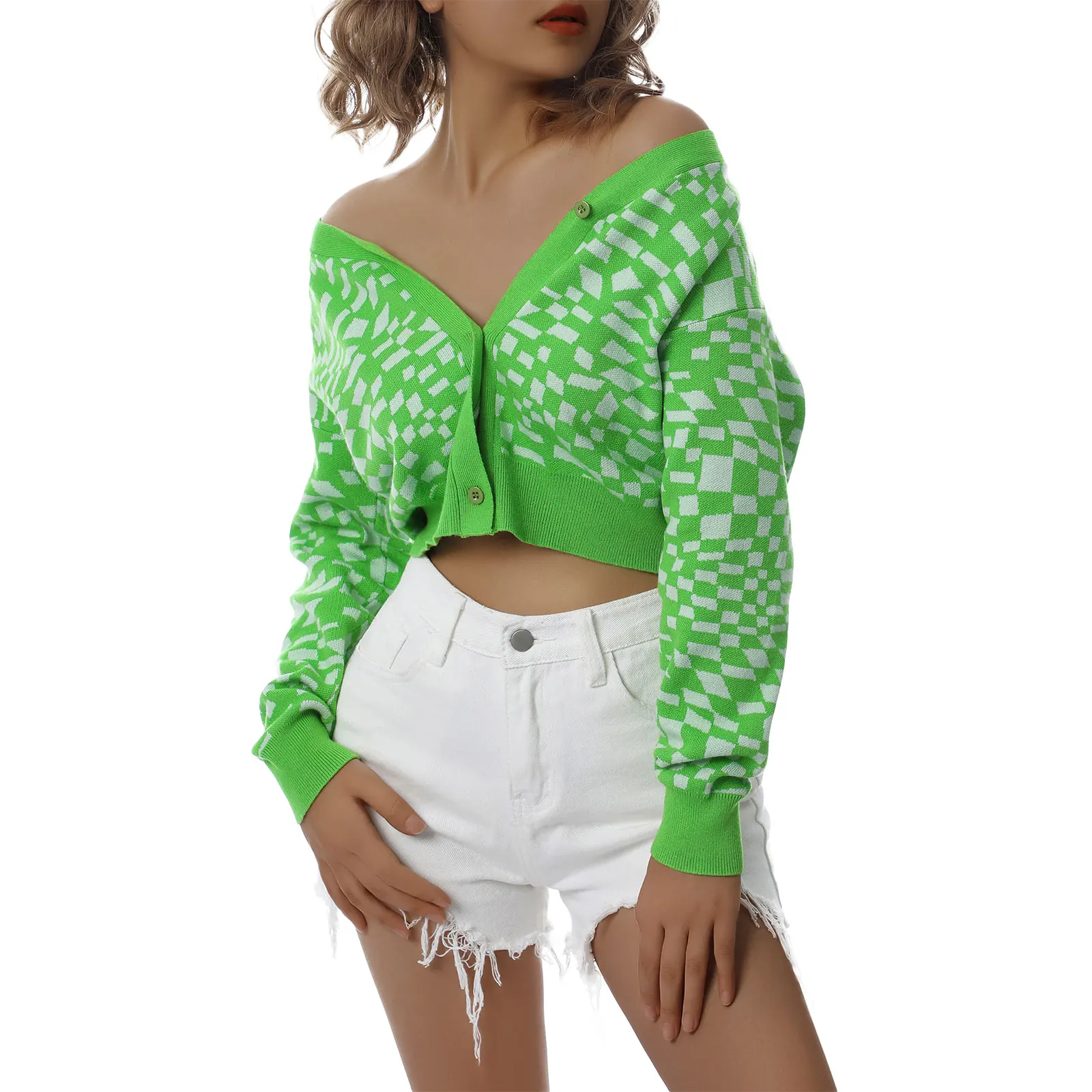 

2021 Women V-neck Button-up Knitted Tops Water Wave/Geometry Print Long Sleeve Cardigans Spring Autumn Ladies Casual Sweaters