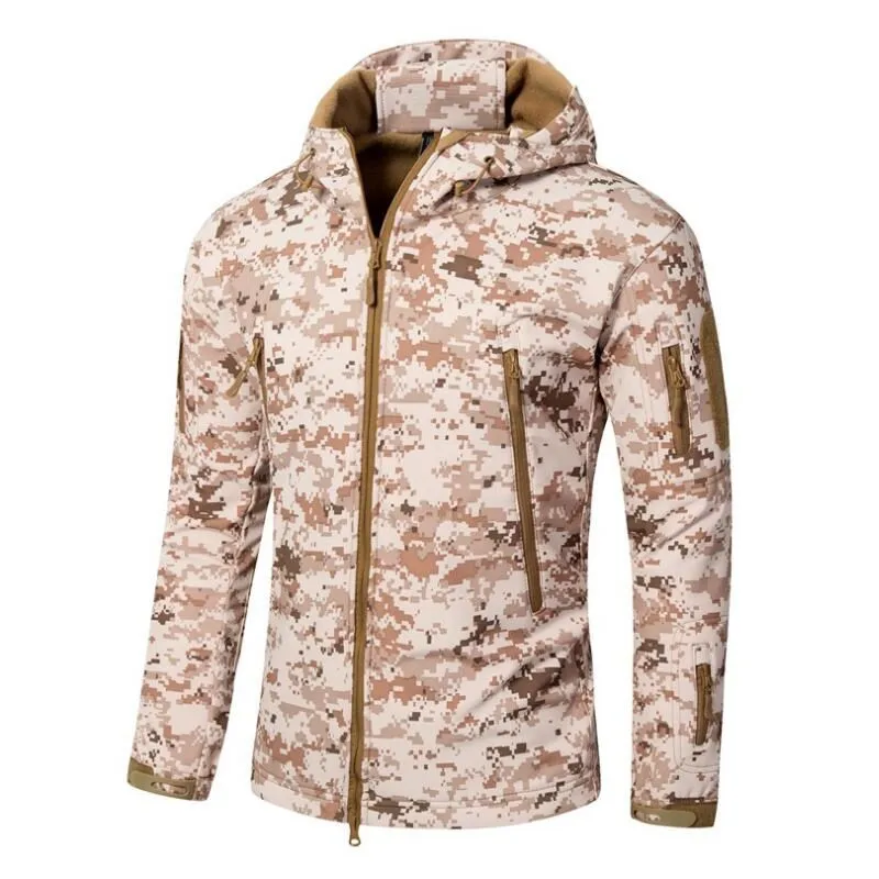 Men's Military Camouflage Fleece Tactical Jacket Outdoor Shark Skin Soft Shell Waterproof Windbreaker Hooded Coat Hunt Clothes