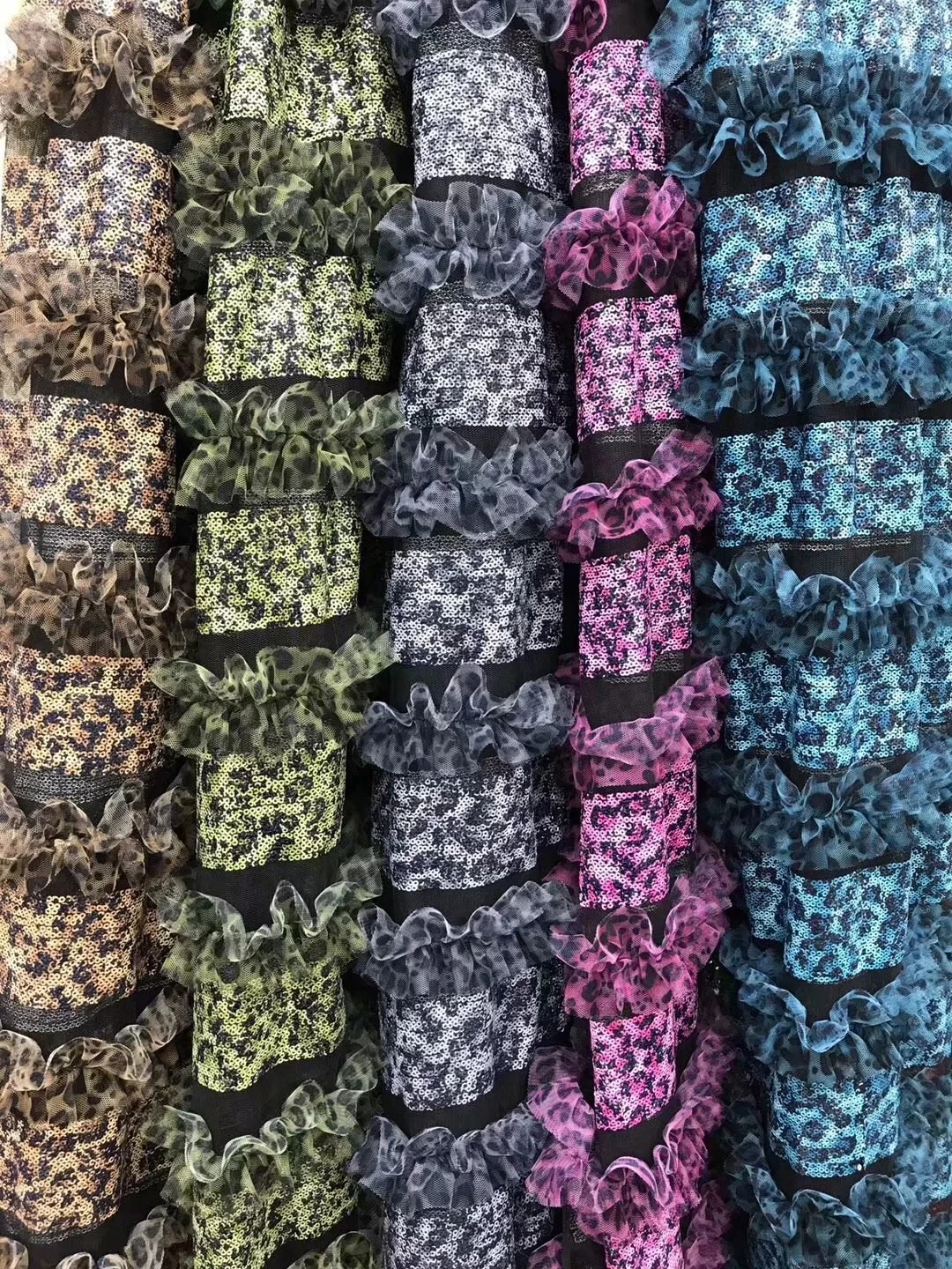 

African French Tulle Lace Fabric Mixed color Sequins Embroidery and Pleated chiffon printed Ruffle Trim For Party Dress DPW1714