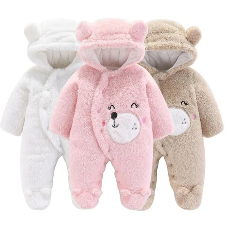 

Winter Baby Solid Fleece Bear Hooded Jumpsuit Baby Printing Unisex Jumpsuits New Arrival Baby Boy Girl Thicken Clothes Rompers