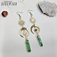 witchy celestial green aura quartz crystal earringsbrass moon sun earrings witchy goddess statement jewelrycrystal earrings