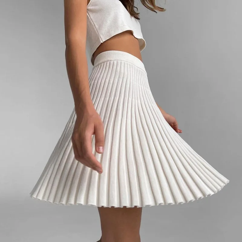 

Fashion Solid white Pleated mini Skirts for Women's 2021 Street Knitted Pleated Short Skirt Women casual vintage short skirts