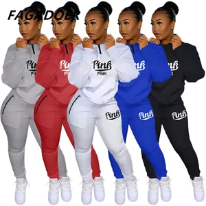 fall winter tracksuits two piece set pink letter print solid casual outfits zip sweatshirt pockets pants set women sweat suit free global shipping