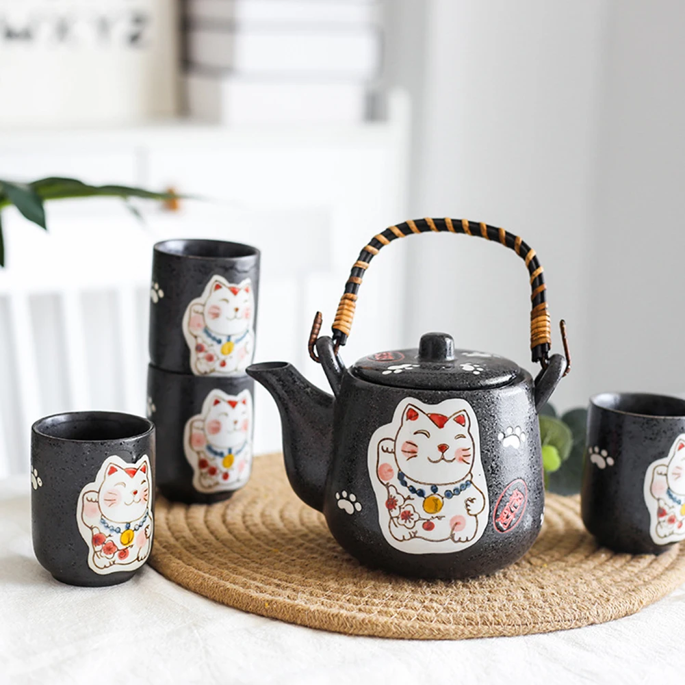 5 шт. японский дизайн Lucky Cat керамический чайник кружки комплект с фильтром дома