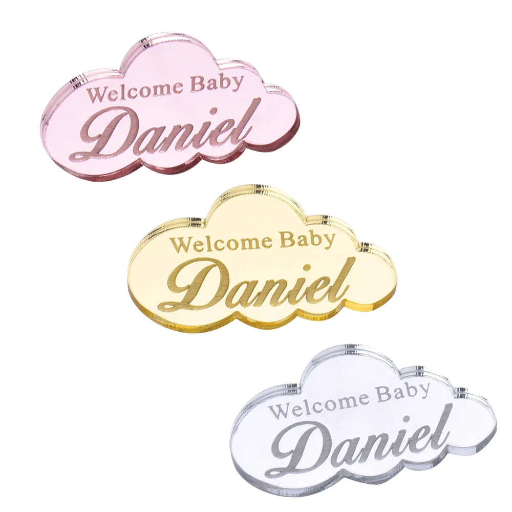 

100PCS Personalized Tags Acrylic Mirror Cloud Custom Name Invitation Cards Chocolate Tag Baby Shower Gift Wedding Decor