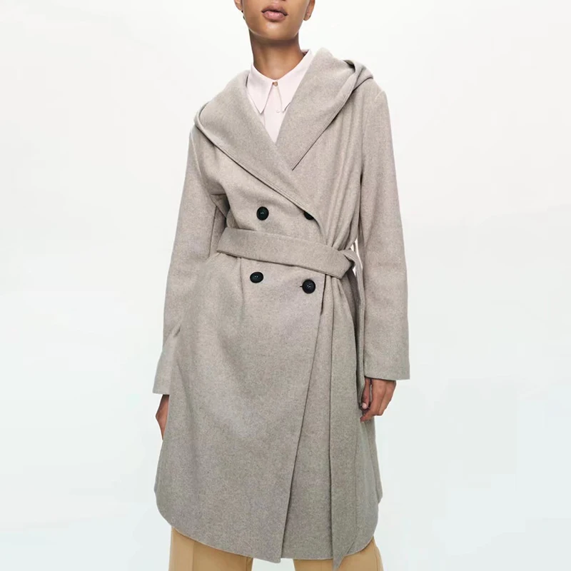 

ZA Women Fashion Long Wool Coat With Belt 2021 Elegant Winter Thicken Warm Coat Female Oversized Vitnage Jacket Overcoat