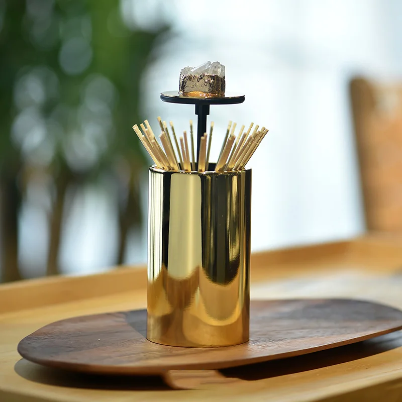

Luxury Push Type Agate Stone Cover Toothpick Jar Decoration Home Living Room Creative Dinner Desktop Golden Toothpick Holder