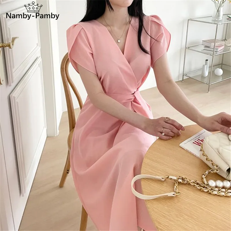 

One-Piece Korean Women'S Dress Korean Chic Lace-Up Waist Slimming Midi Solid Dresses Elegant 2021 Summer New Dress Vestidos Robe